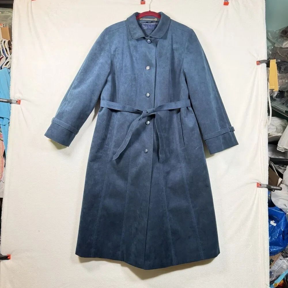 Vintage Baronia Alcantara West Germany Coat Blue Faux Suede Belted Trench 10